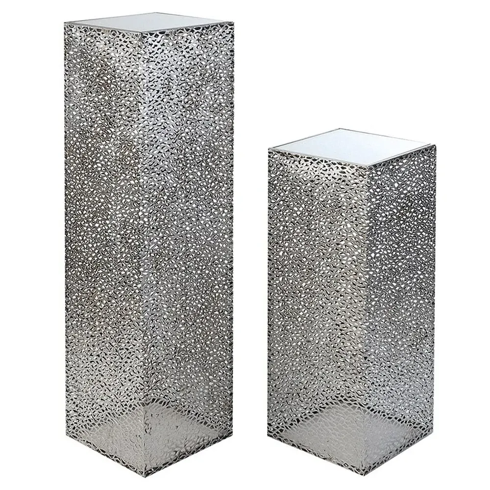 Purley Glass Metal Set of 2 Decorative Pillars - Silver