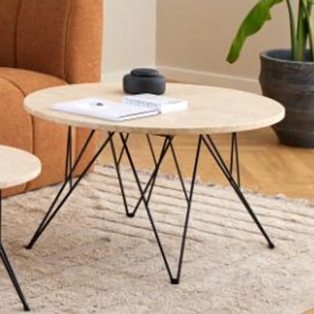 Putnam Round Coffee Table with Black Legs - Beige, Wood