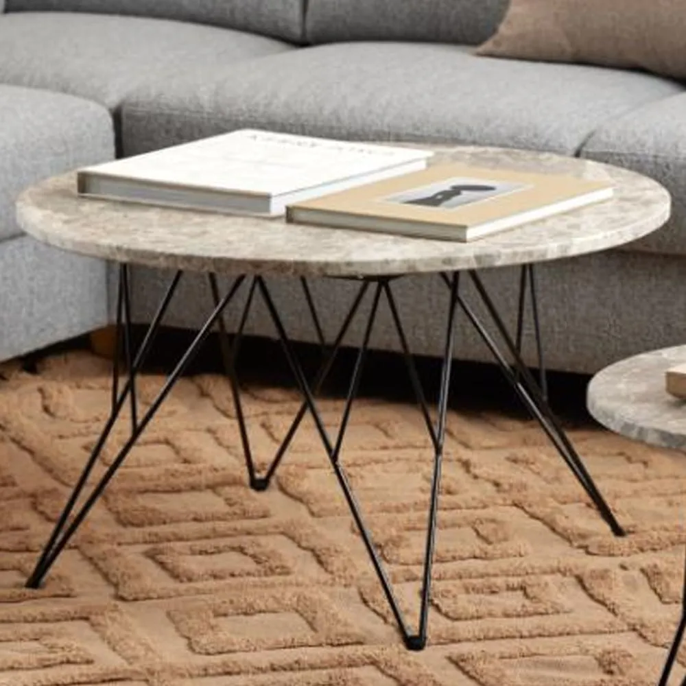 Putnam Round Coffee Table with Black Legs - Grey Brown, Marble image