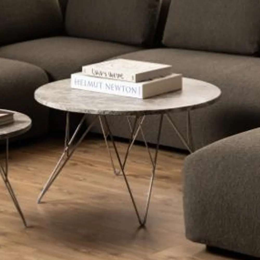 Putnam Round Coffee Table with Chrome Legs - Grey Brown, Marble