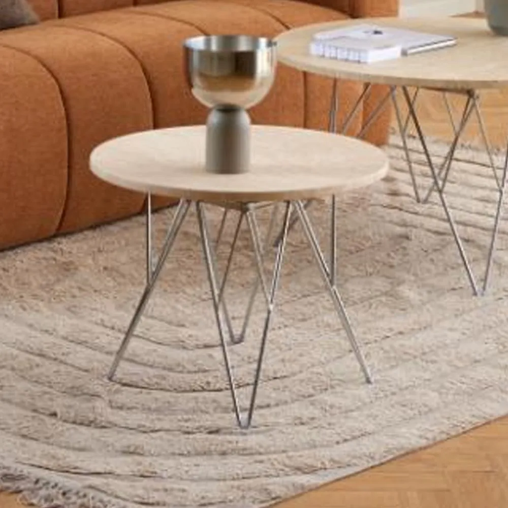 Putnam Round Side Table with Chrome Legs - Beige, Travertine image