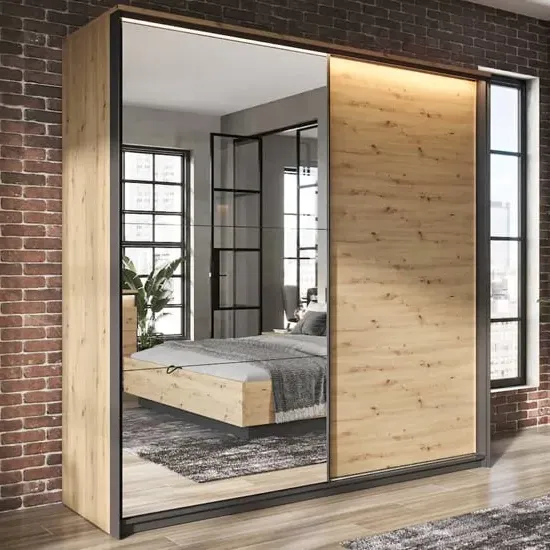 Qesso 2 Door Mirrored Wardrobe with LED - Artisan Oak