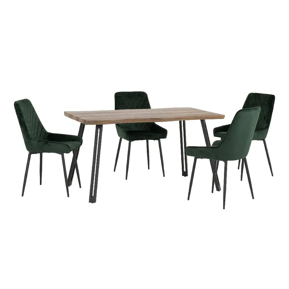 Qinson Wave Edge Dining Table with 4 Avah Chairs - Green, Oak