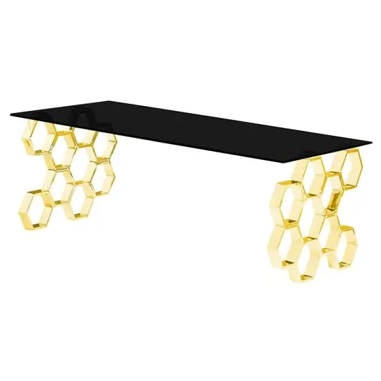 Qortni Coffee Table with Gold Frame - Black, Glass
