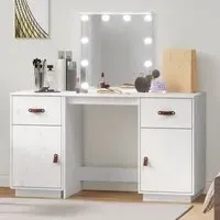 Quella Pinewood Dressing Table with LED Lights - White, Pine Wood