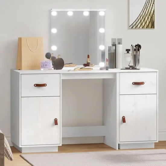 Quella Pinewood Dressing Table with LED Lights - White, Pine Wood