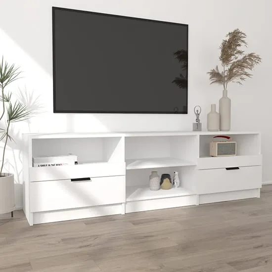 Qusay TV Stand with 2 Drawers - White, Engineered Wood