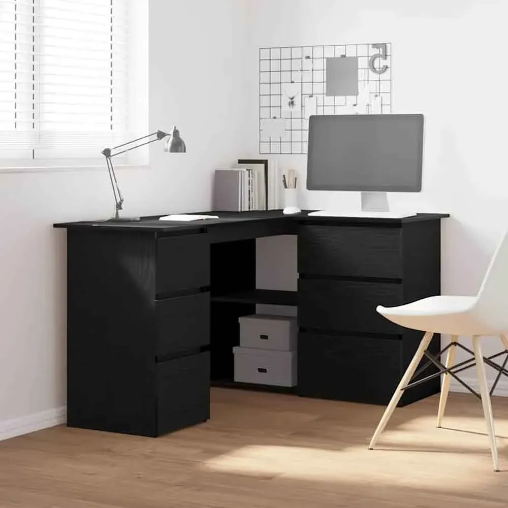 Ramona L-Shaped Corner Desk with 4 Drawers - Black, Engineered Wood product