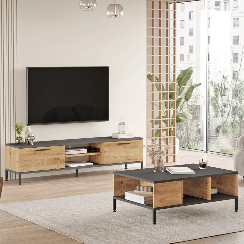 Rarvo TV Stand and Coffee Table Set - Anthracite, Atlantic Pine product
