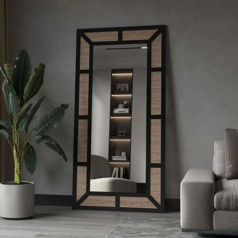 Rattan Glass Cheval Mirror - Black, Metal product