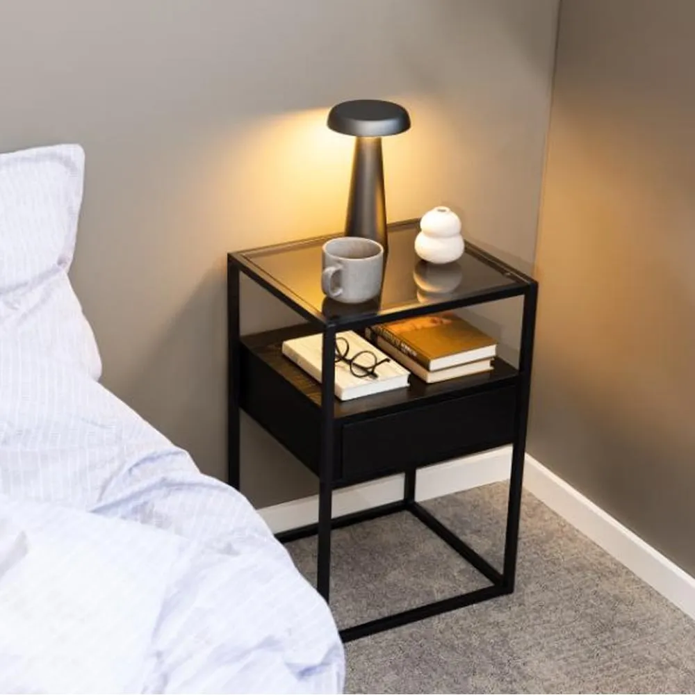 Rattvik Bedside Cabinet with 1 Drawer - Ash Black, Smoked Glass image