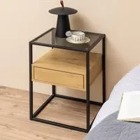 Rattvik Bedside Cabinet with 1 Drawer - Matt Wild Oak, Smoked Glass