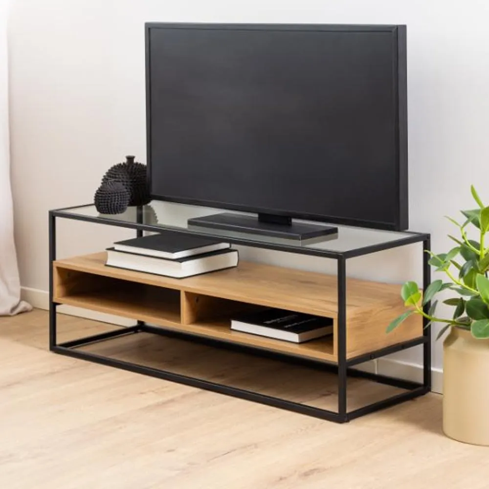 Rattvik Clear Glass TV Stand with 2 Shelves - Clear, Wild Oak image
