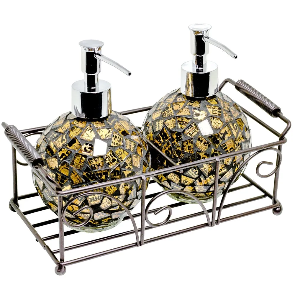 Ravello Mosaic Glass Soap Dispenser Set with Basket - Gold