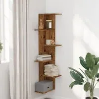 Ravena Corner Wall Shelf with 5 Shelves - Brown Oak