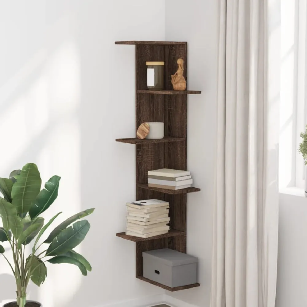 Ravena Corner Wall Shelf with 5 Shelves - Dark Brown Oak