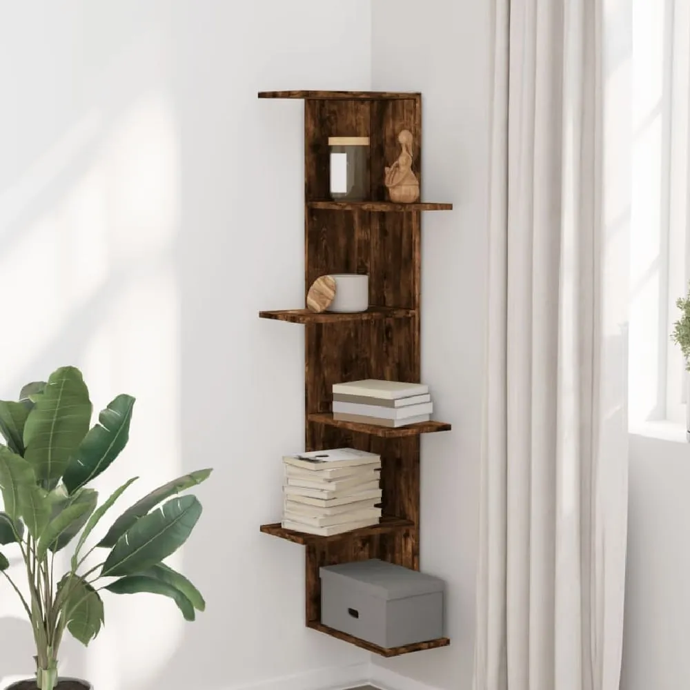 Ravena Corner Wall Shelf with 5 Shelves - Smoked Oak