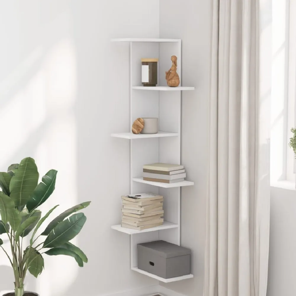 Ravena Corner Wall Shelf with 5 Shelves - White