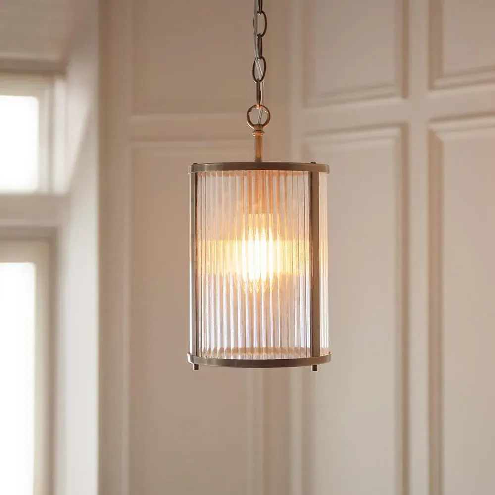 Rayong Ribbed Glass Pendant Ceiling Light - Antique Brass image