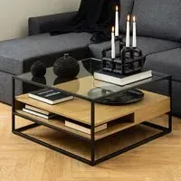Regina Glass Top Coffee Table with Oak Shelves - Black, Oak