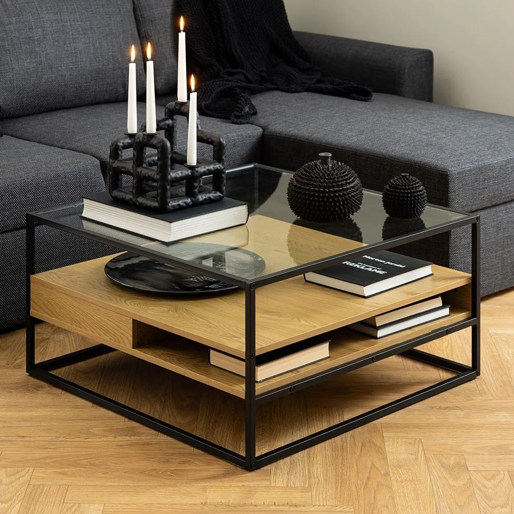 Regina Glass Top Coffee Table with Oak Shelves - Black, Oak
