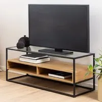 Regina Glass Top TV Stand with Oak Shelves - Black, Oak