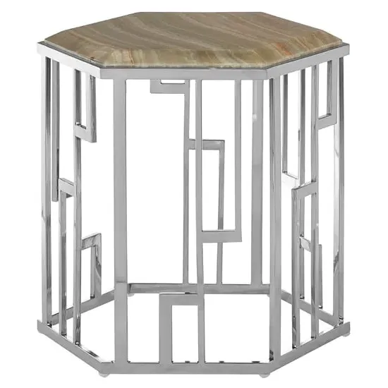 Relics Hexagonal Side Table - Silver, Onyx Stone