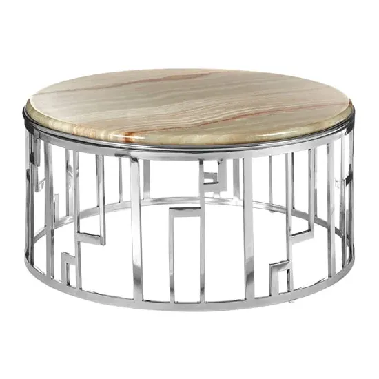 Relics Round Coffee Table - Silver, Onyx Stone