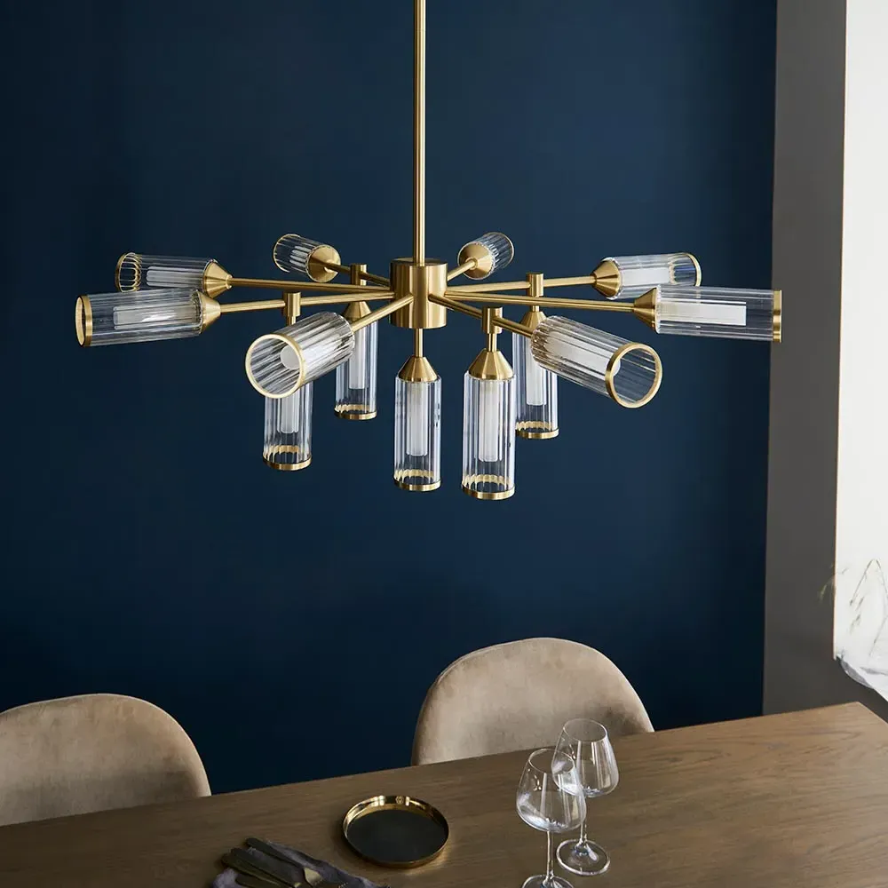 Reno 13 Light Ribbed Glass Pendant Ceiling Light - Satin Brass