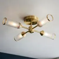 Reno 4 Light Ribbed Glass Semi Flush Light - Satin Brass