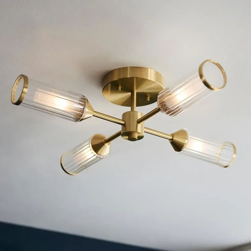 Reno 4 Light Ribbed Glass Semi Flush Light - Satin Brass