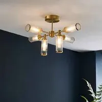 Reno 6 Light Ribbed Glass Semi Flush Light - Satin Brass