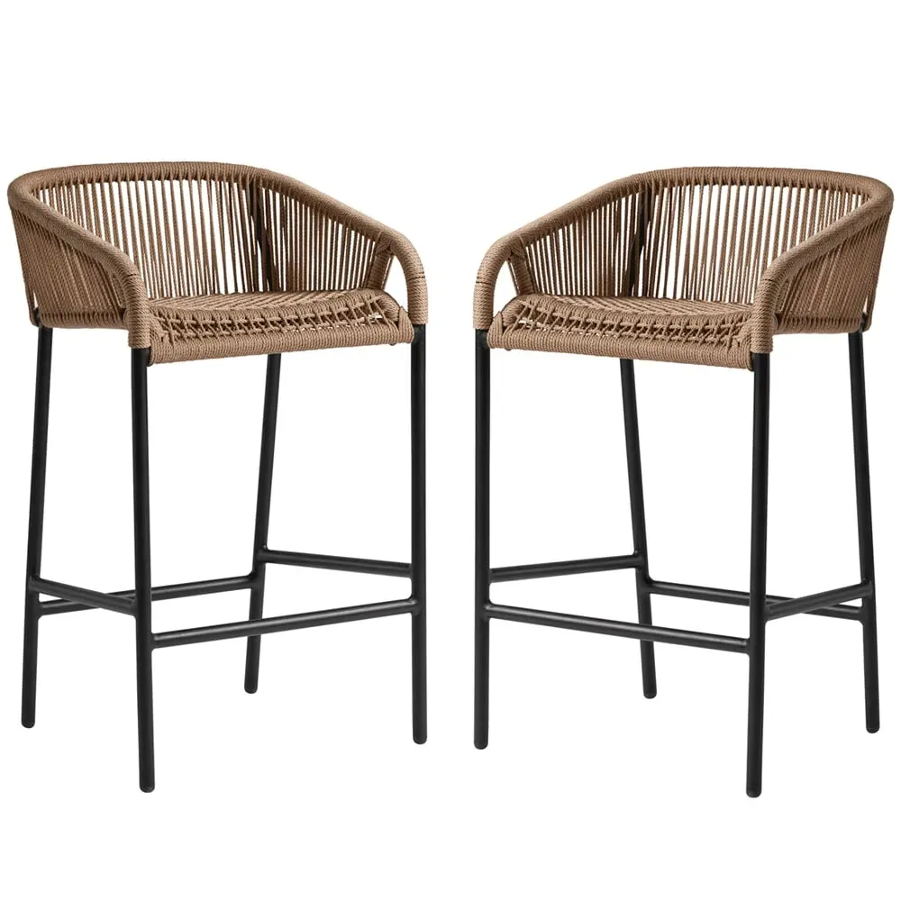 Rialto Bar Stools with Black Metal Frame - Natural, Rattan