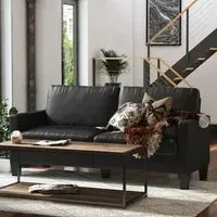 Riga 2-Seater Sofa with Wood Legs - Black, Faux Leather