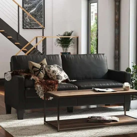 Riga 2-Seater Sofa with Wood Legs - Black, Faux Leather image