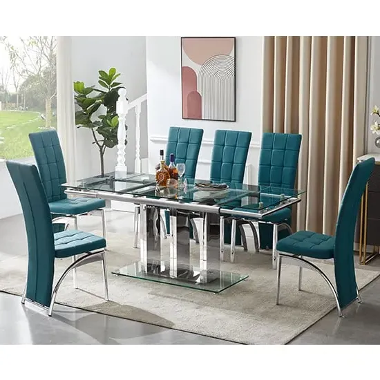 Rihanna Extendable Dining Table with 6 Ravenna Chairs - Teal