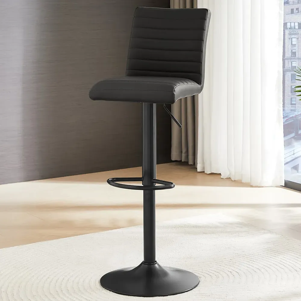 Ripple Height-Adjustable Bar Stool - Black, Faux Leather