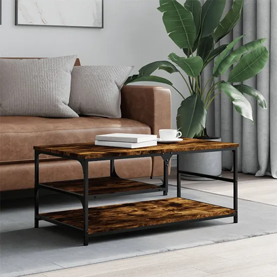 Rivas Coffee Table with 2 Shelves - Smoked Oak, Engineered Wood product