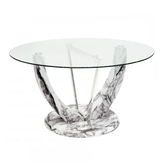Riviera Round Dining Table - Clear Glass, Marble Effect