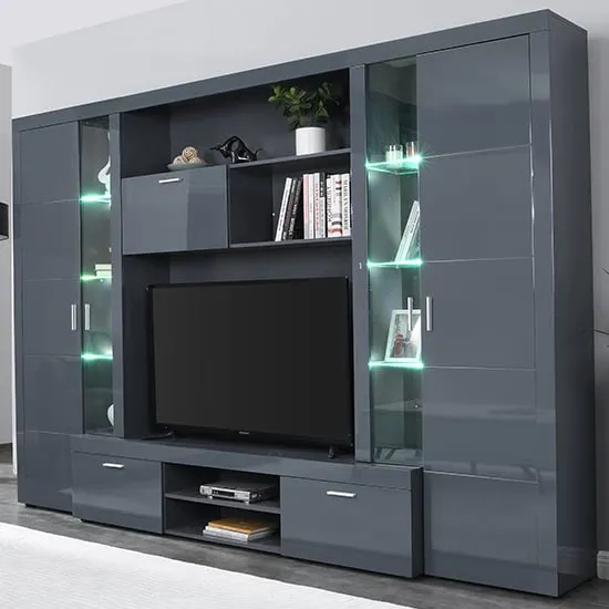 Roma Entertainment Unit with LED Lights - Grey, High Gloss