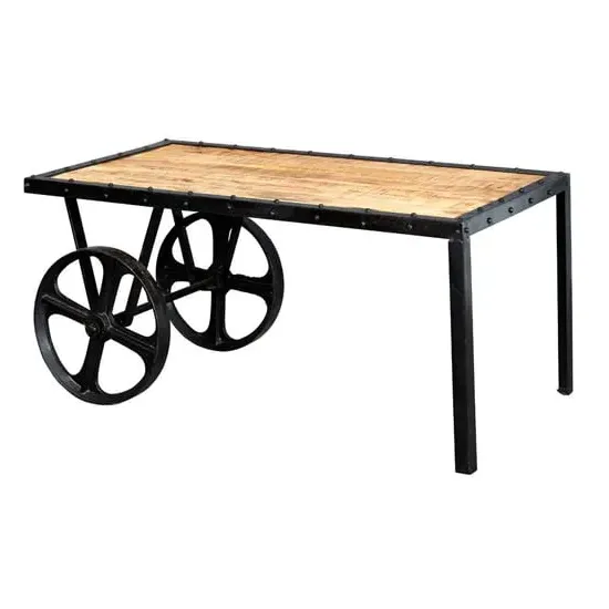 Romarin Cart Coffee Table with Wheels - Reclaimed Wood, Metal