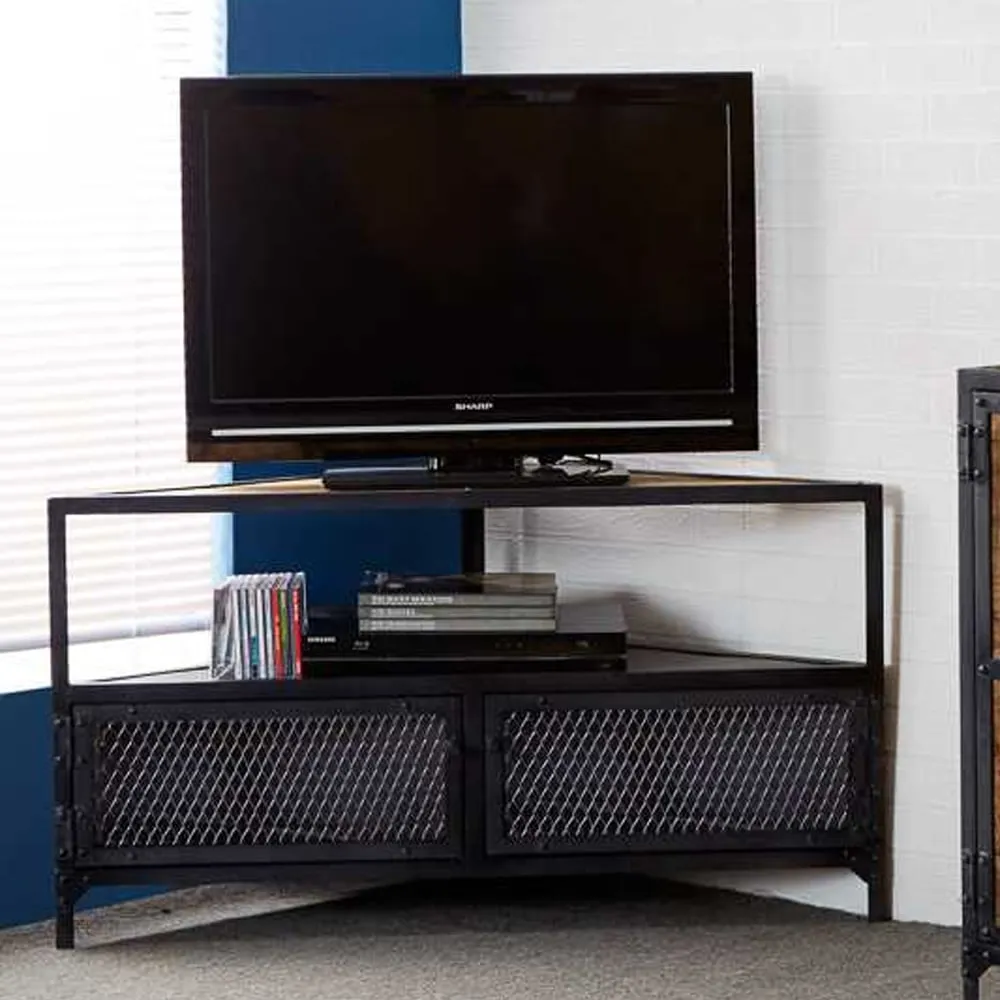 Romarin Corner TV Stand with 2 Doors - Reclaimed Wood, Metal
