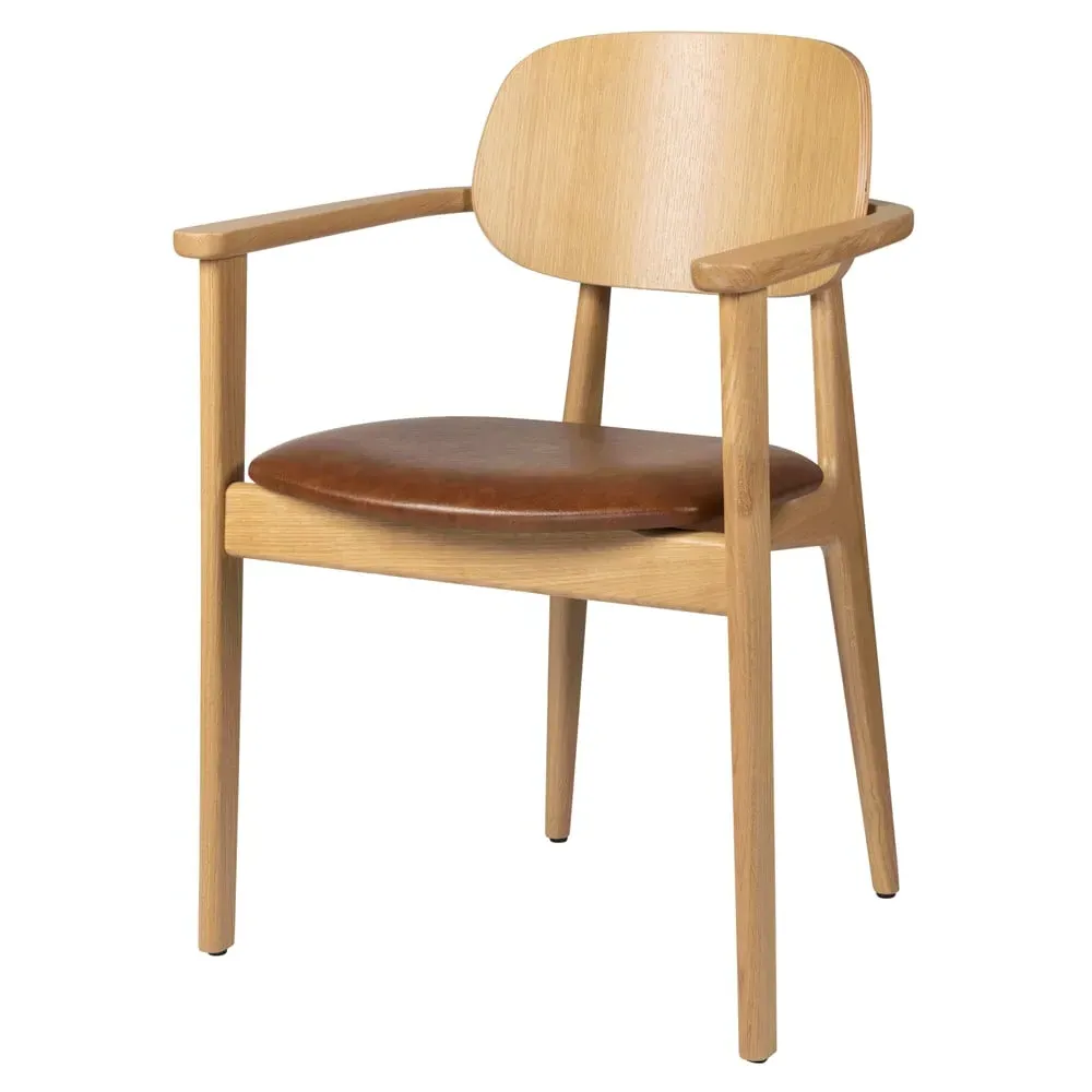 Romney Wooden Armchair with Leather Seat - Tan, Natural Oak