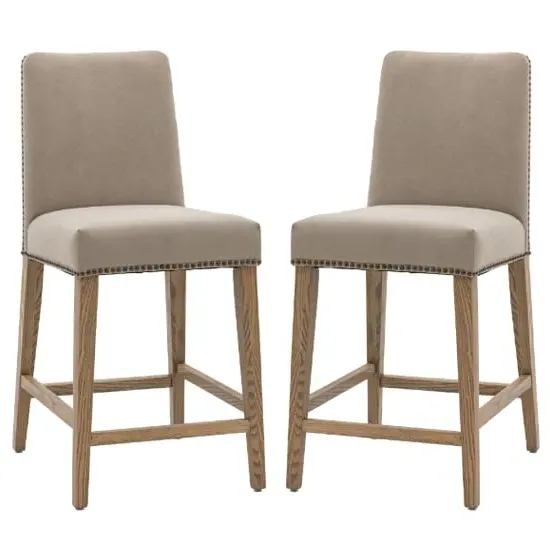 Roselle Bar Chairs with Oak Legs in Pair - Cement Grey, Linen