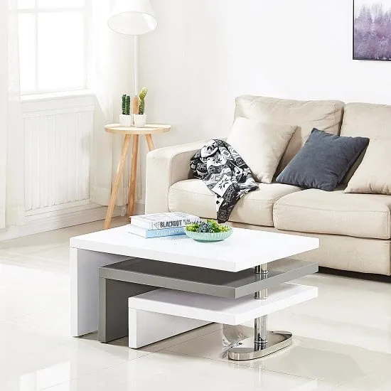 Rotating Coffee Table with 3 Tops - White, High Gloss