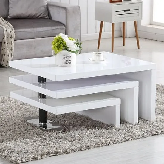 Rotating Coffee Table with 3 Tops - White, High Gloss