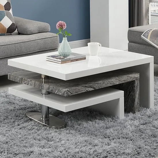 Rotating Coffee Table with 3 Tops - White, Marble Effect image