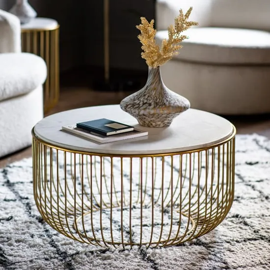 Rugby Marble Top Coffee Table - White, Gold Metal