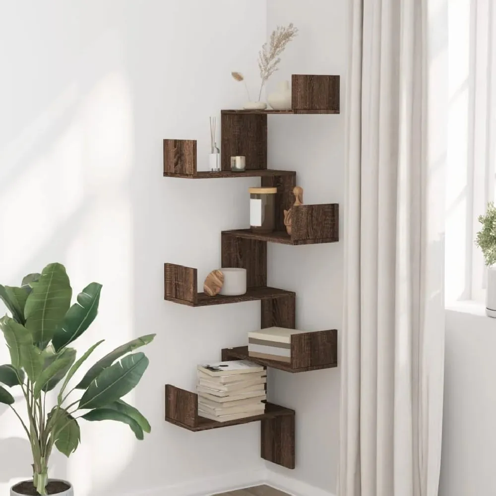 Ruston Corner Wall Shelf with 6 Shelves - Brown, Engineered Wood