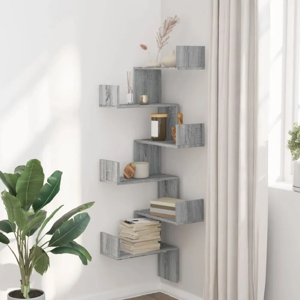Ruston Corner Wall Shelf with 6 Shelves - Grey, Engineered Wood